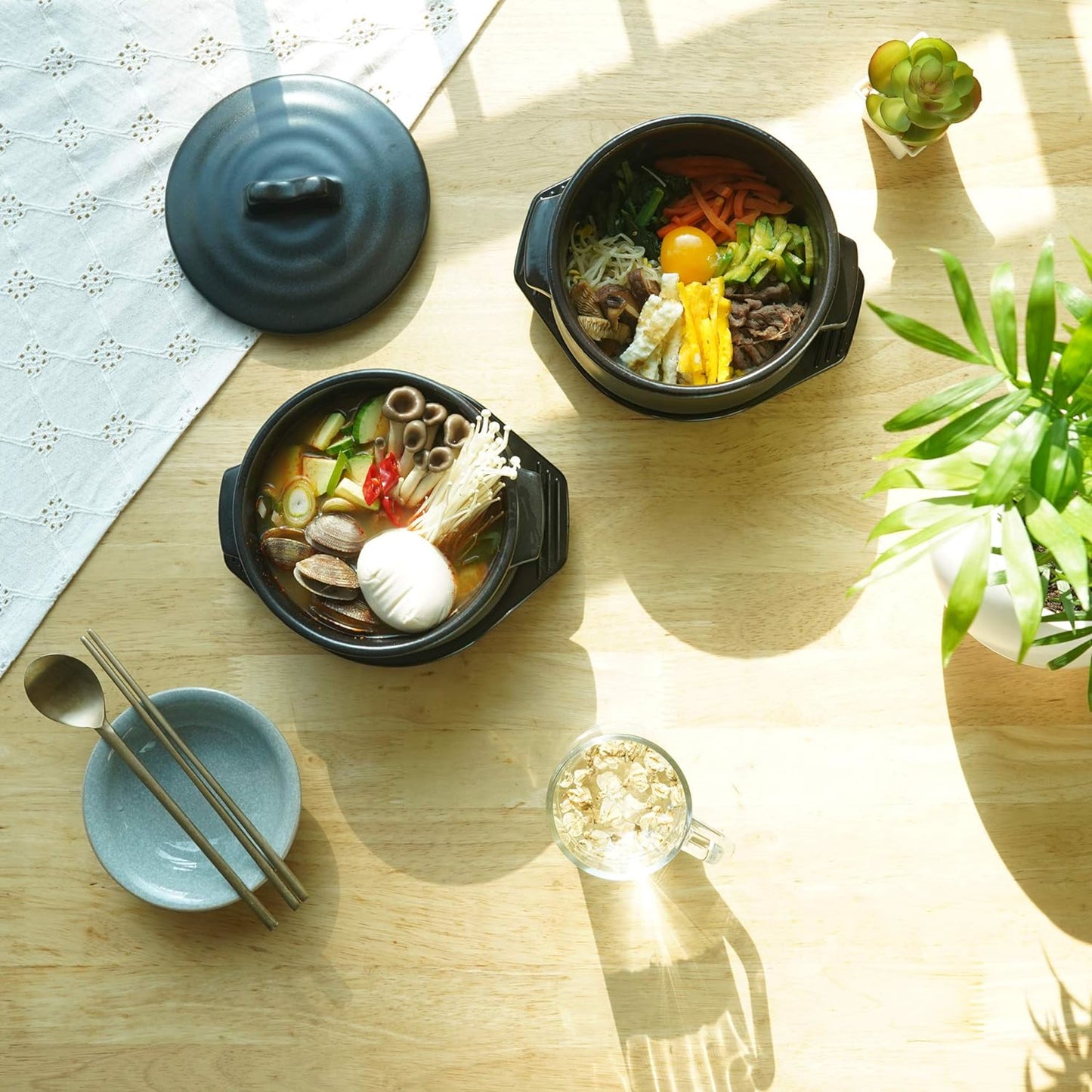 Elincube Premium Korean Stone Bowl with Lid & Platter โ Traditional Clay Hot Pot for Cooking Bibimbap, Stews & Soups