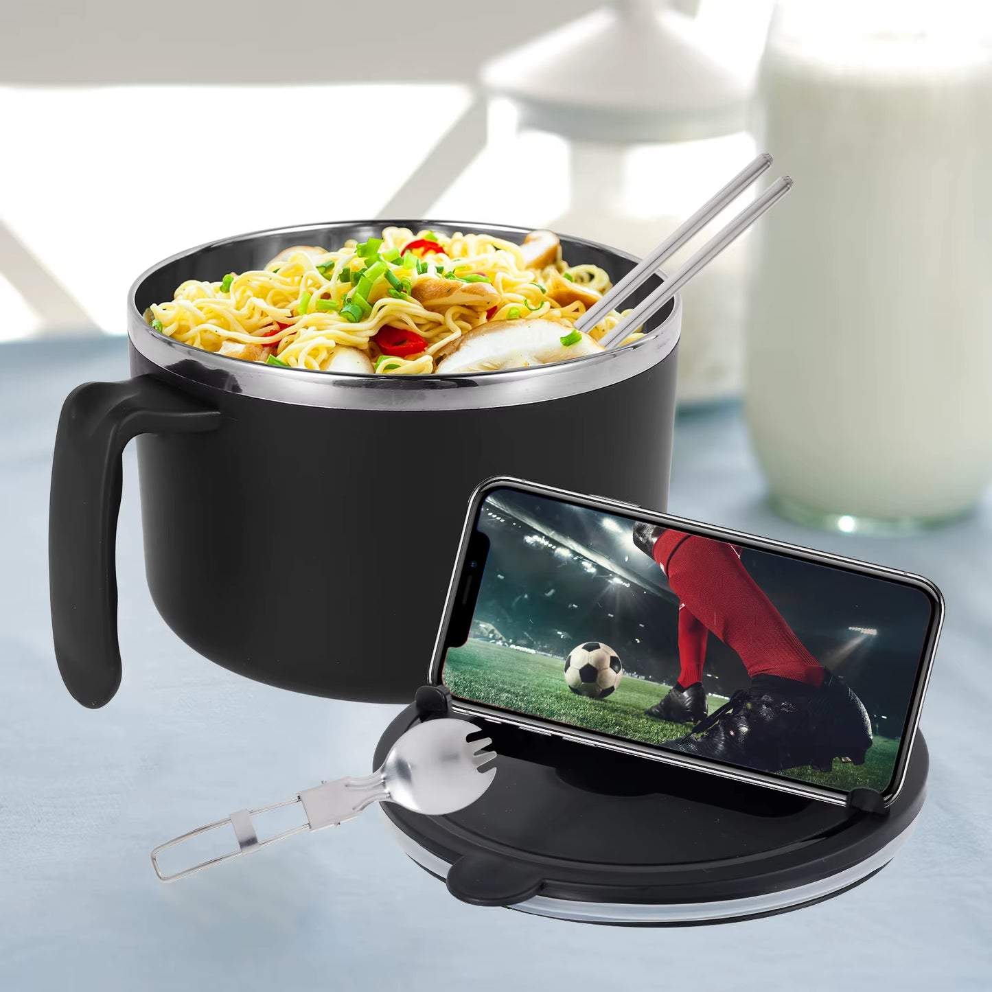 1200Ml Rapid Ramen Bowl with Filterable Lid Spoon Chopsticks BPA Free Ramen Cooker Bowl Dishwasher Safe Noodles Cooker Bowl