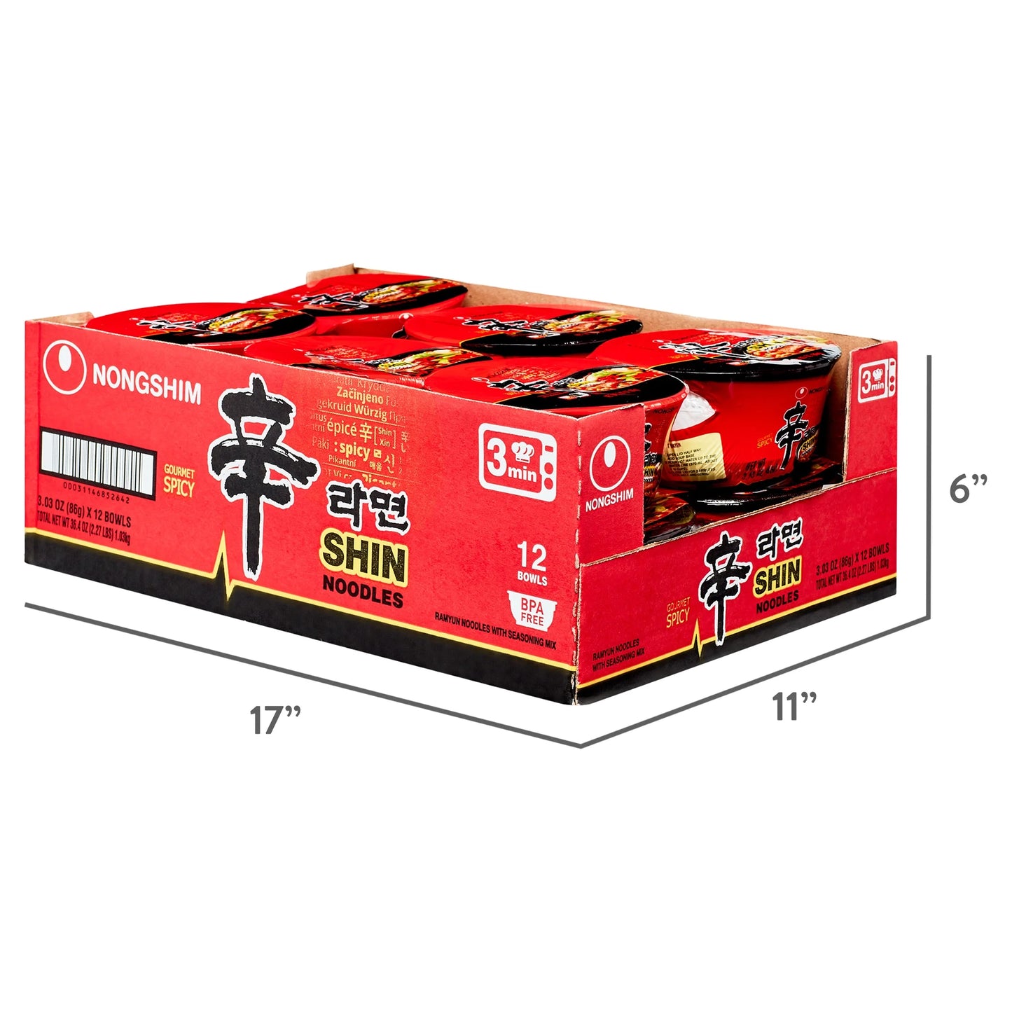 Shin Ramyun Spicy Beef Ramen Noodle Soup Bowl, 3.03Oz X 12 Count, Shelf-Stable