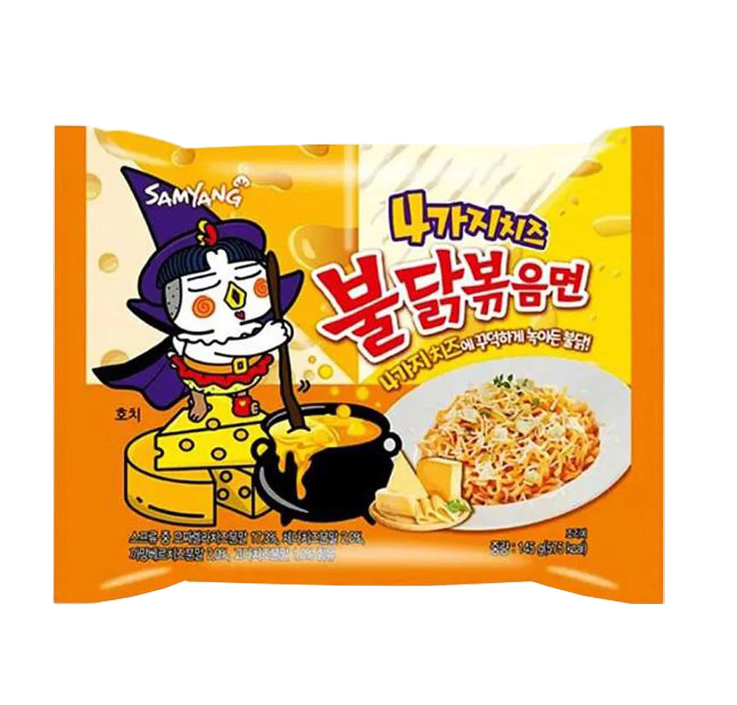 QUATTRO CHEESE Buldak Spicy Chicken Ramen Stir-Fried Noodles with Wooden Chopsticks 4.93 Oz. (Pack of 2)