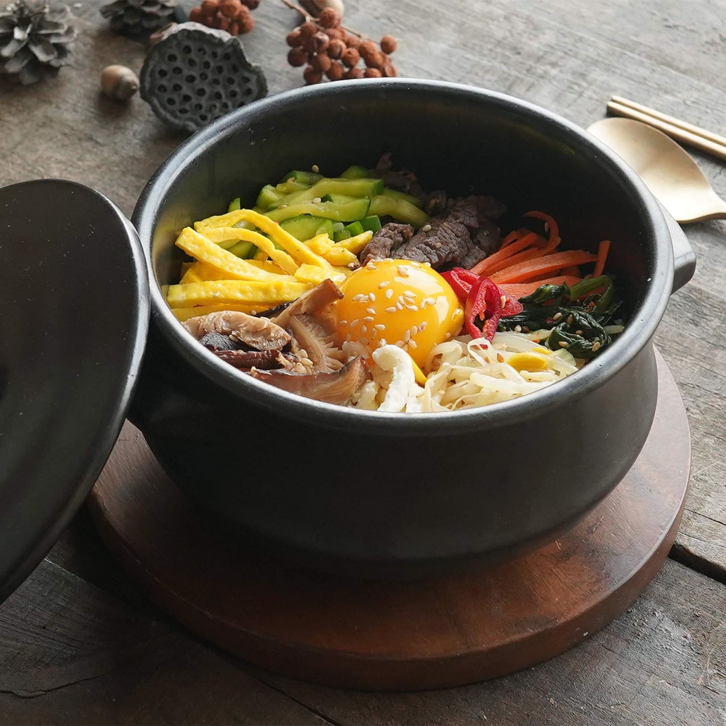 Elincube Premium Korean Stone Bowl with Lid & Platter – Traditional Clay Hot Pot for Cooking Bibimbap, Stews & Soups