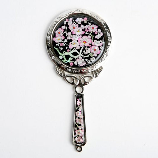 Mother of Pearl Princess Pink Plum Flower Design round Stainless Steel Cosmetic Makeup Hand Mirror