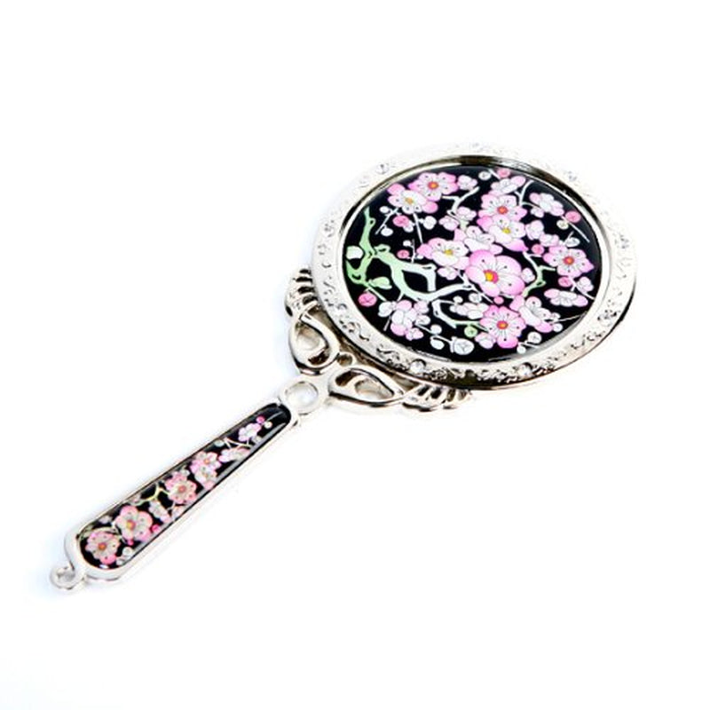 Mother of Pearl Princess Pink Plum Flower Design round Stainless Steel Cosmetic Makeup Hand Mirror