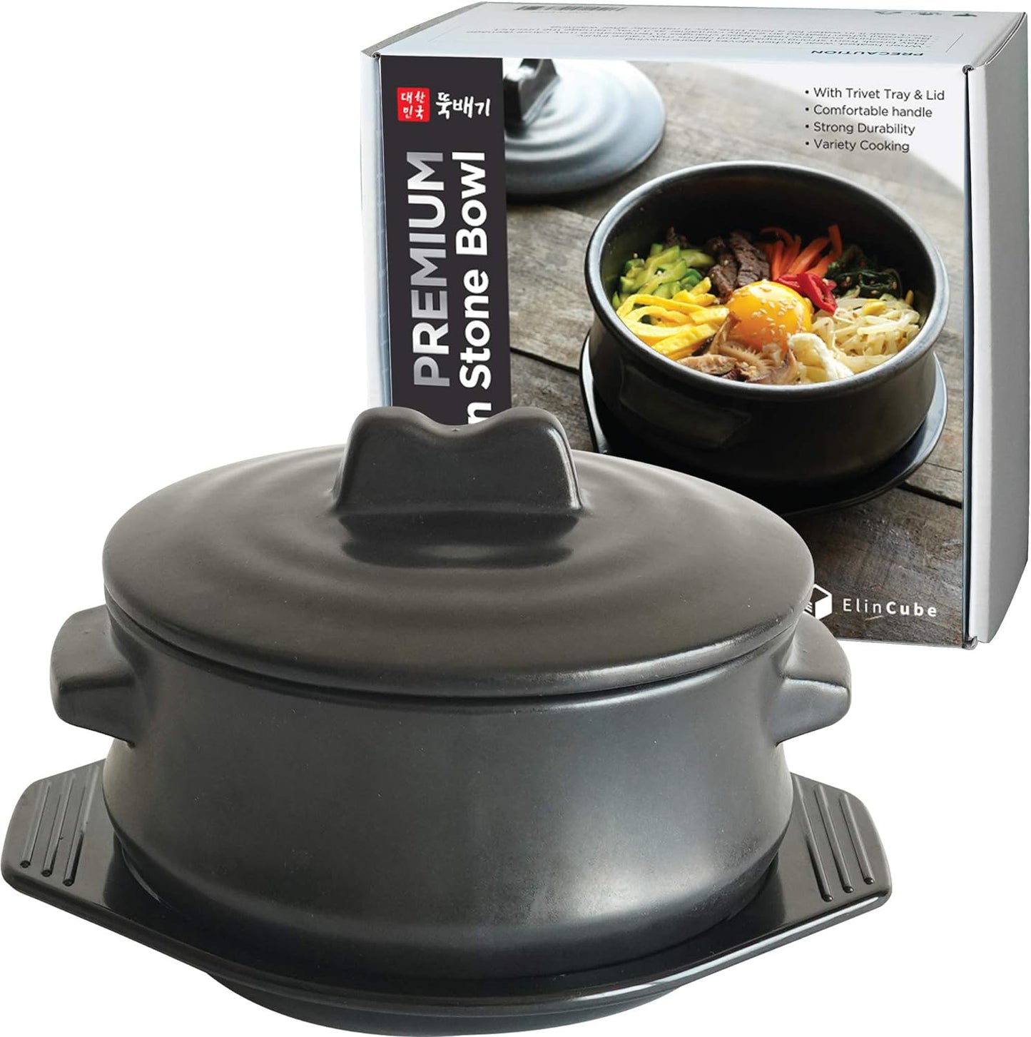 Elincube Premium Korean Stone Bowl with Lid & Platter – Traditional Clay Hot Pot for Cooking Bibimbap, Stews & Soups