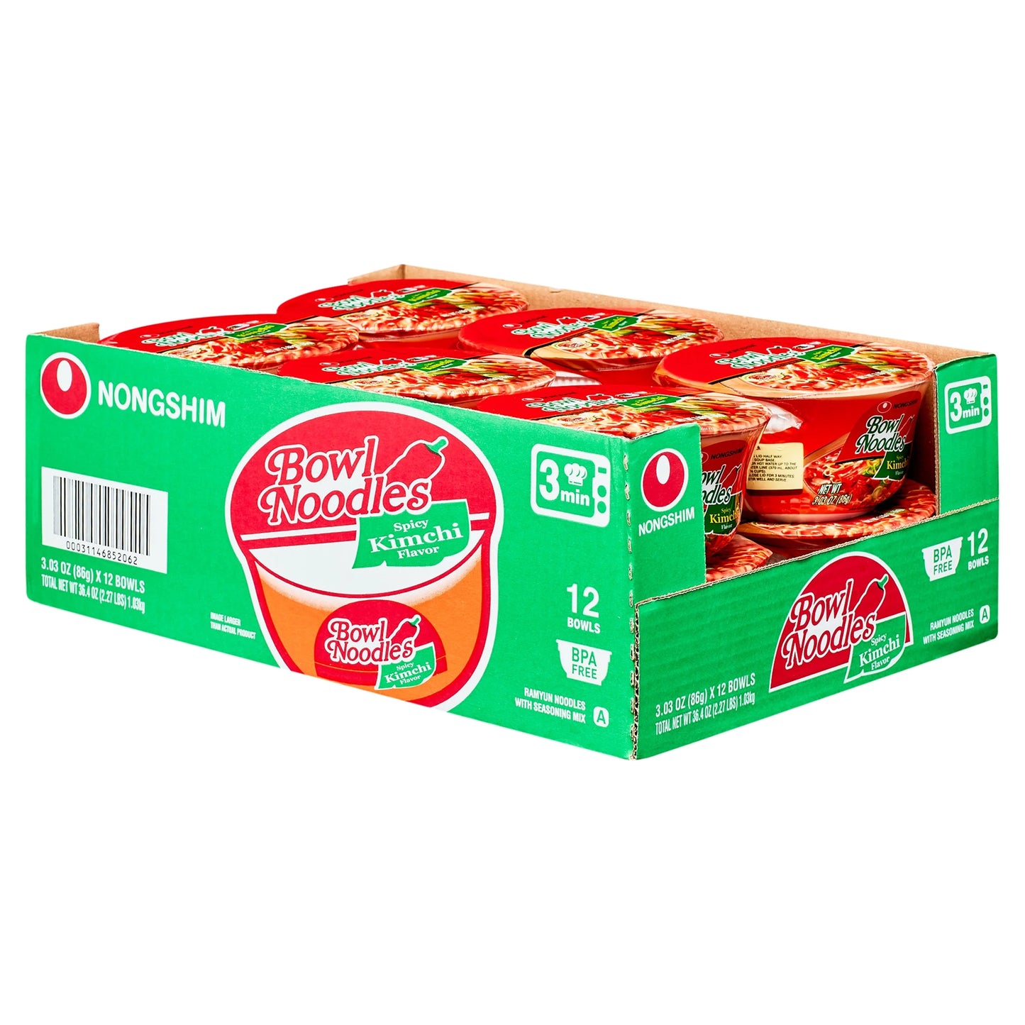 Nongshim Bowl Noodle Spicy Kimchi Ramyun 3.03 Oz (12 Count) - Shelf-Stable
