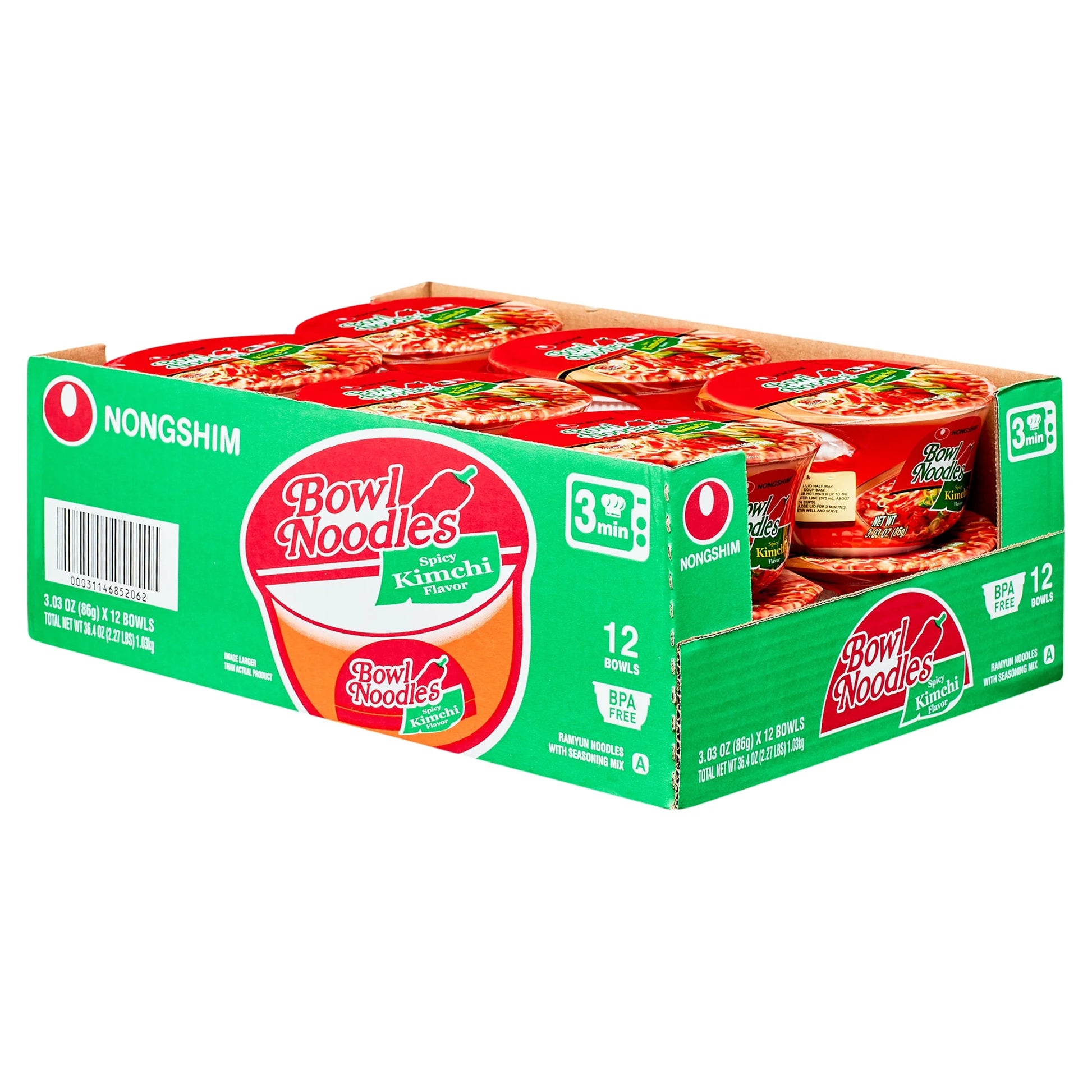Nongshim Bowl Noodle Spicy Kimchi Ramyun 3.03 Oz (12 Count) - Shelf-Stable
