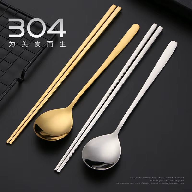 18/10 Korean Stainless Steel Food Chopsticks Spoon Set Long Handle Non-Slip Chopsticks Dessert Spoons Dinnerware Set