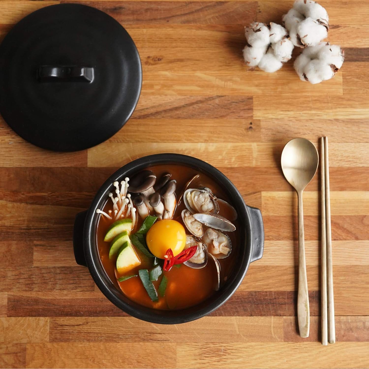 Elincube Premium Korean Stone Bowl with Lid & Platter – Traditional Clay Hot Pot for Cooking Bibimbap, Stews & Soups