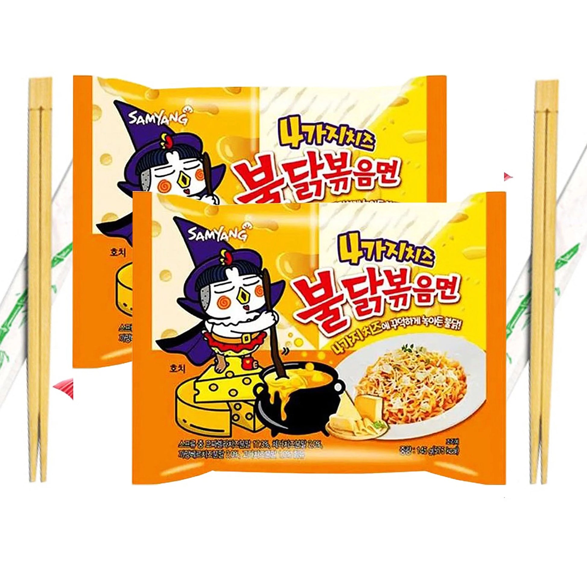 QUATTRO CHEESE Buldak Spicy Chicken Ramen Stir-Fried Noodles with Wooden Chopsticks 4.93 Oz. (Pack of 2)