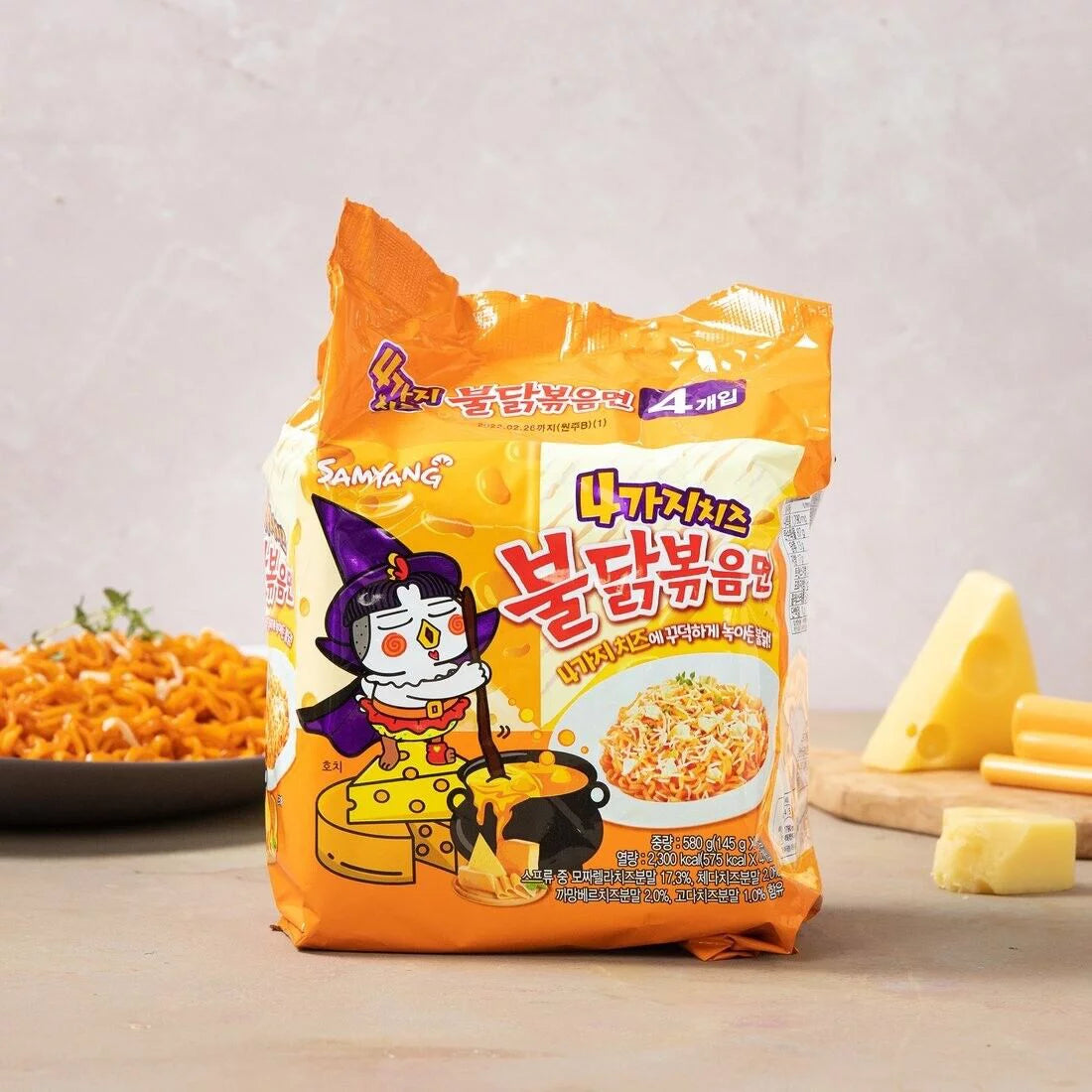 QUATTRO CHEESE Buldak Spicy Chicken Ramen Stir-Fried Noodles with Wooden Chopsticks 4.93 Oz. (Pack of 2)