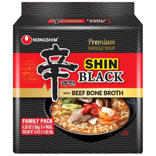 Shin Black Spicy Beef & Bone Broth Premium Ramen Noodle Soup Pack, 4.58 Oz X 4, Shelf-Stable